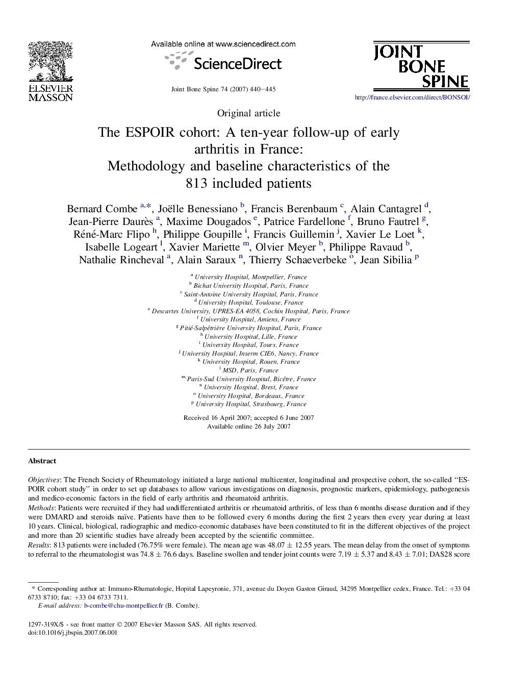 The ESPOIR cohort: A ten-year follow-up of early arthritis in France: Methodology and baseline characteristics of the 813 included patients