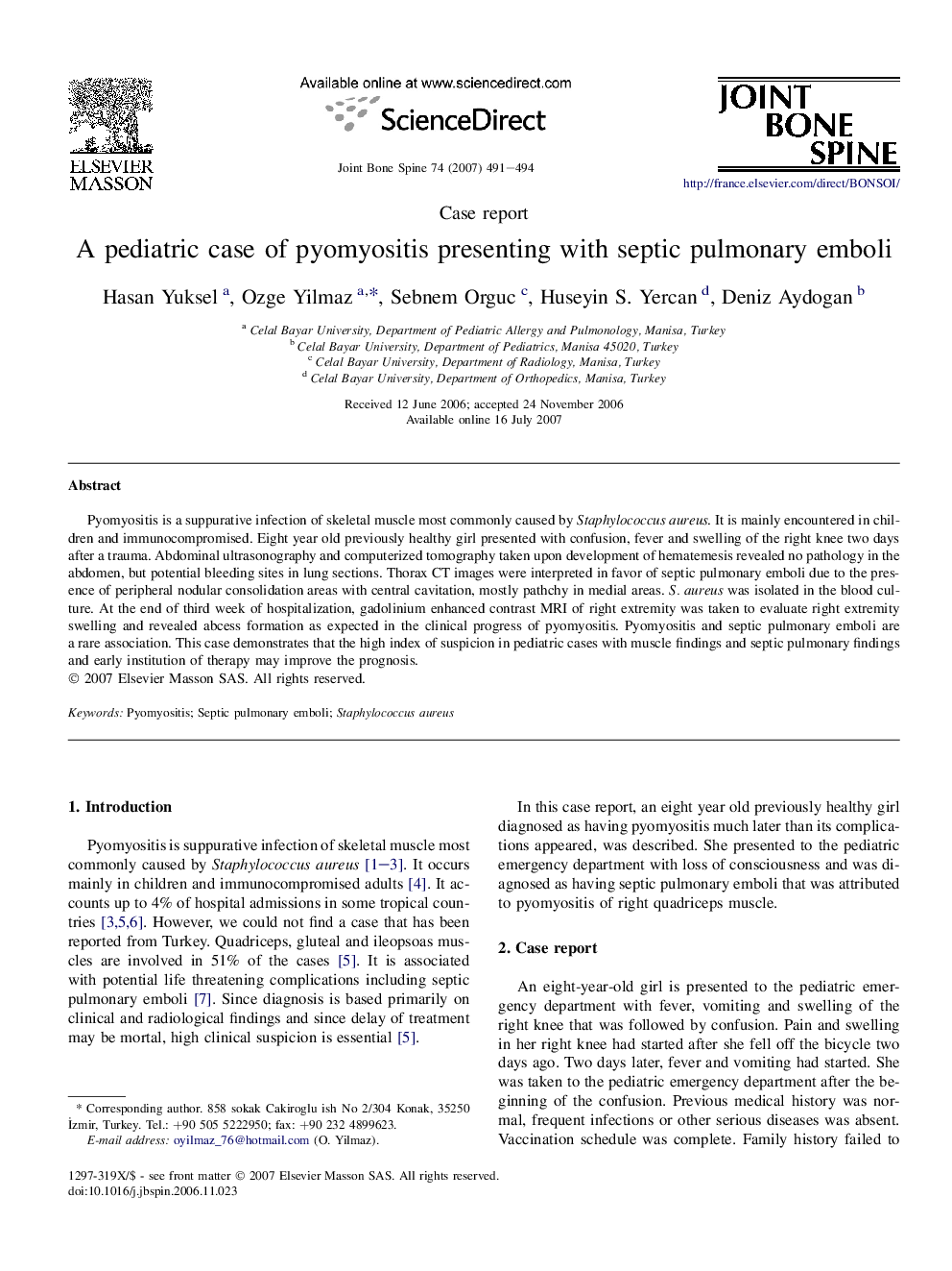 A pediatric case of pyomyositis presenting with septic pulmonary emboli