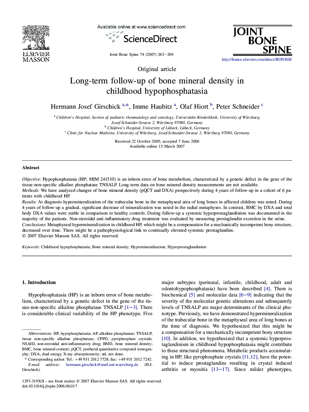 Long-term follow-up of bone mineral density in childhood hypophosphatasia