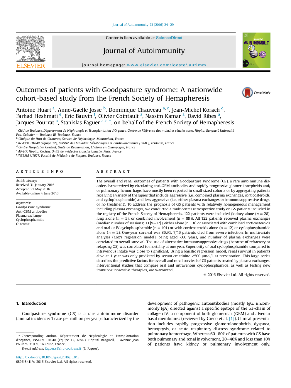 Outcomes of patients with Goodpasture syndrome: A nationwide cohort-based study from the French Society of Hemapheresis