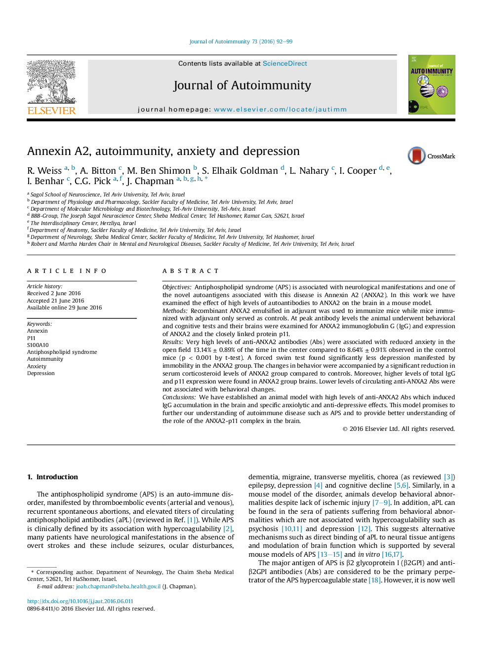 Annexin A2, autoimmunity, anxiety and depression