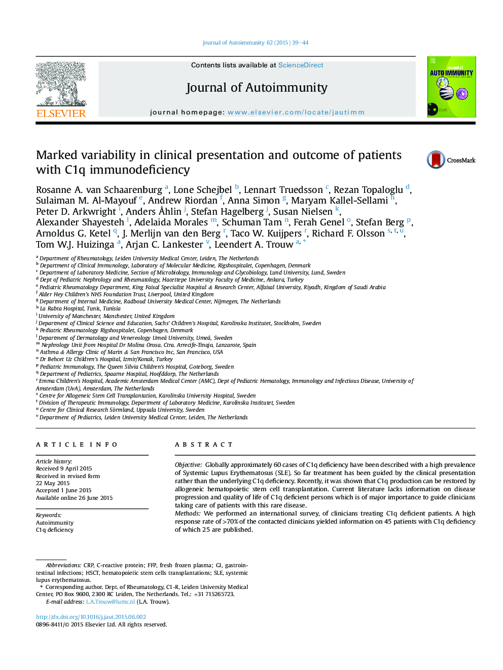 Marked variability in clinical presentation and outcome of patients with C1q immunodeficiency