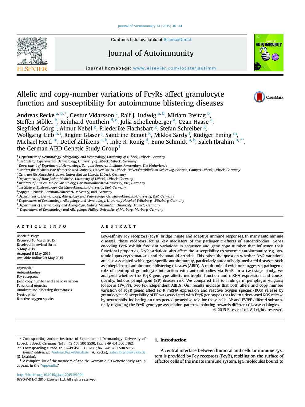 Allelic and copy-number variations of FcγRs affect granulocyte function and susceptibility for autoimmune blistering diseases