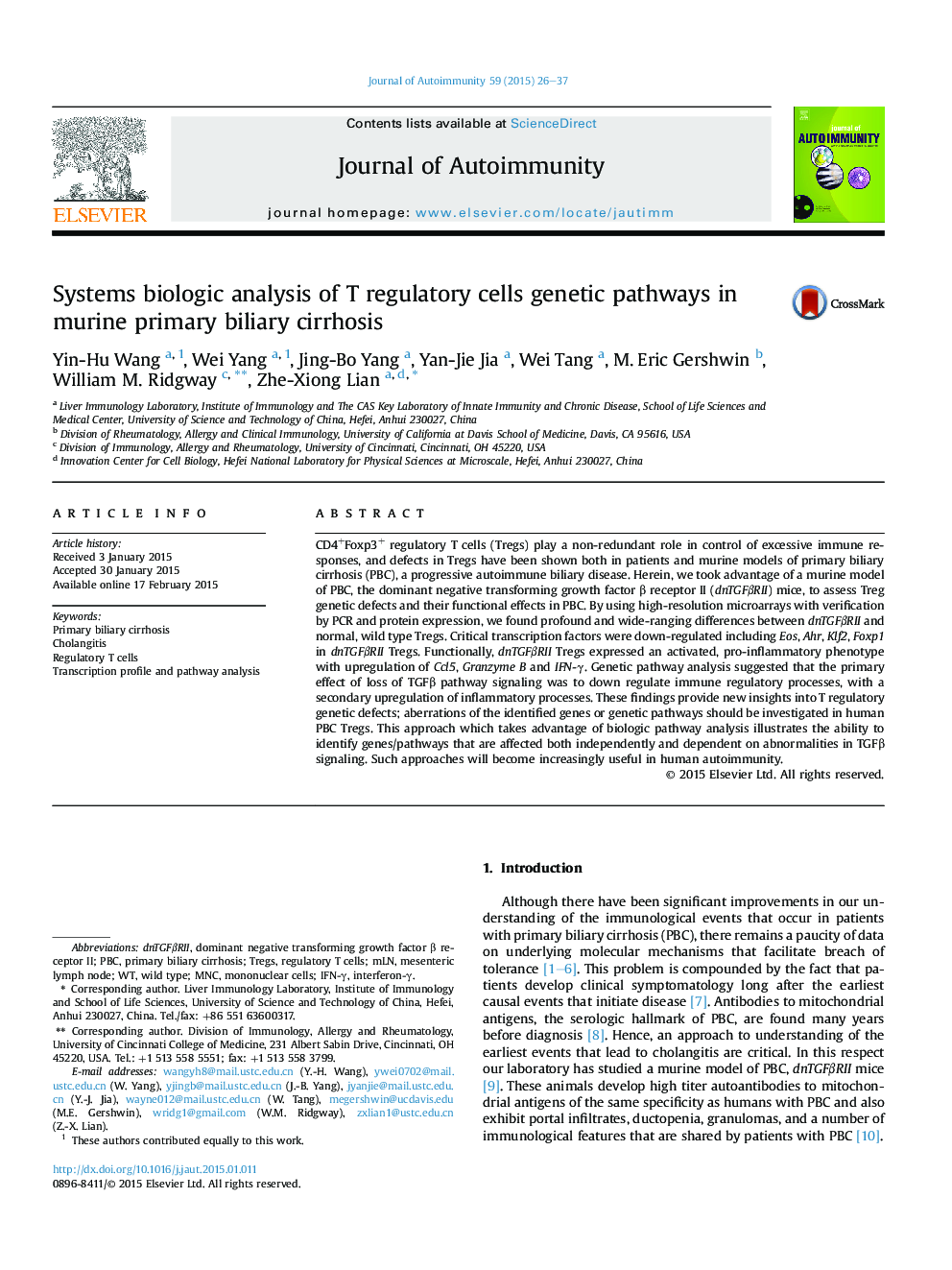 Systems biologic analysis of T regulatory cells genetic pathways in murine primary biliary cirrhosis