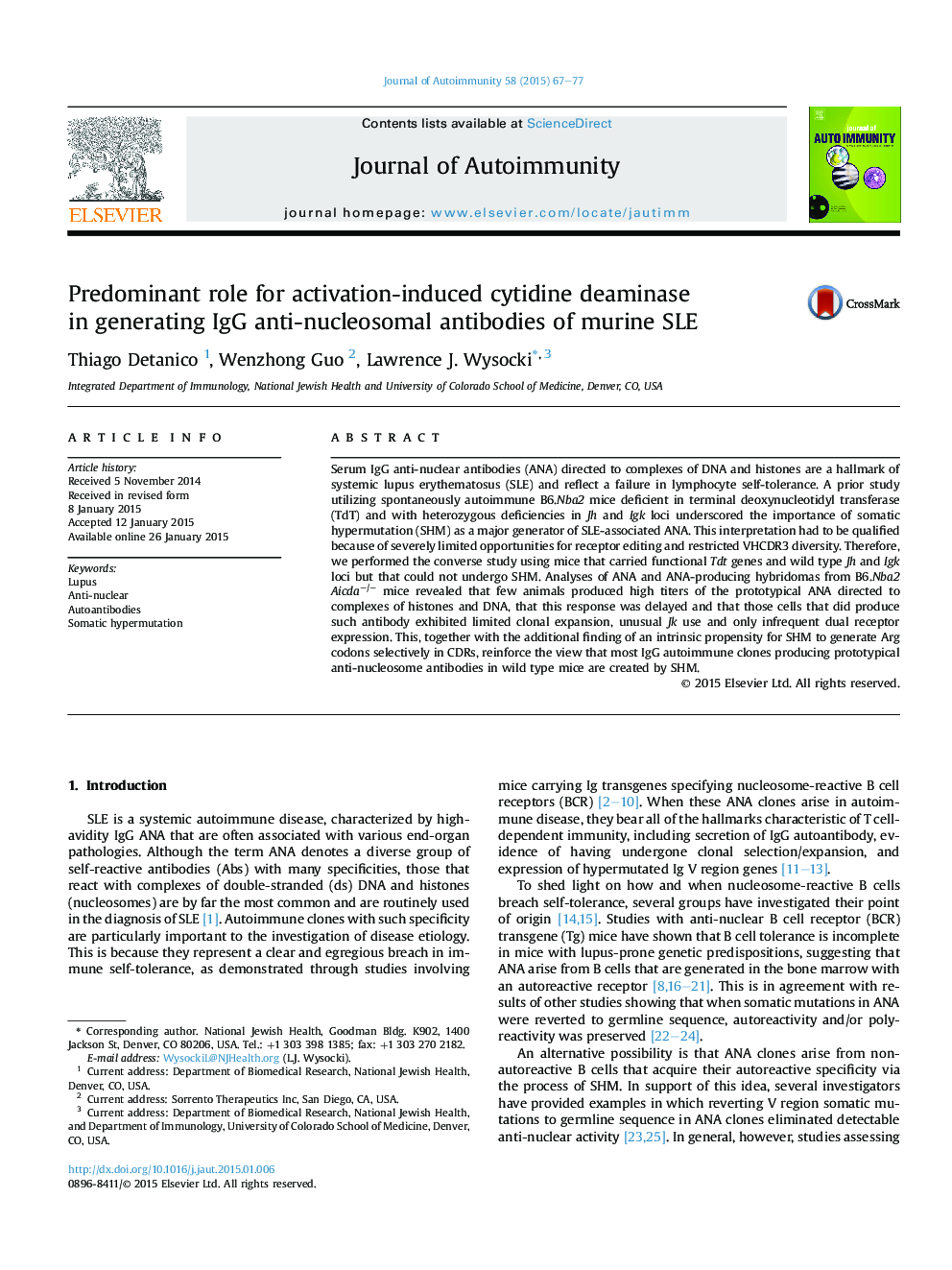 Predominant role for activation-induced cytidine deaminase in generating IgG anti-nucleosomal antibodies of murine SLE