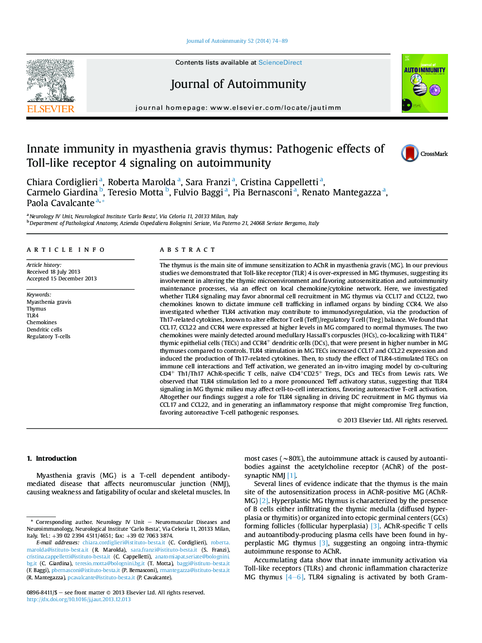 Innate immunity in myasthenia gravis thymus: Pathogenic effects of Toll-like receptor 4 signaling on autoimmunity