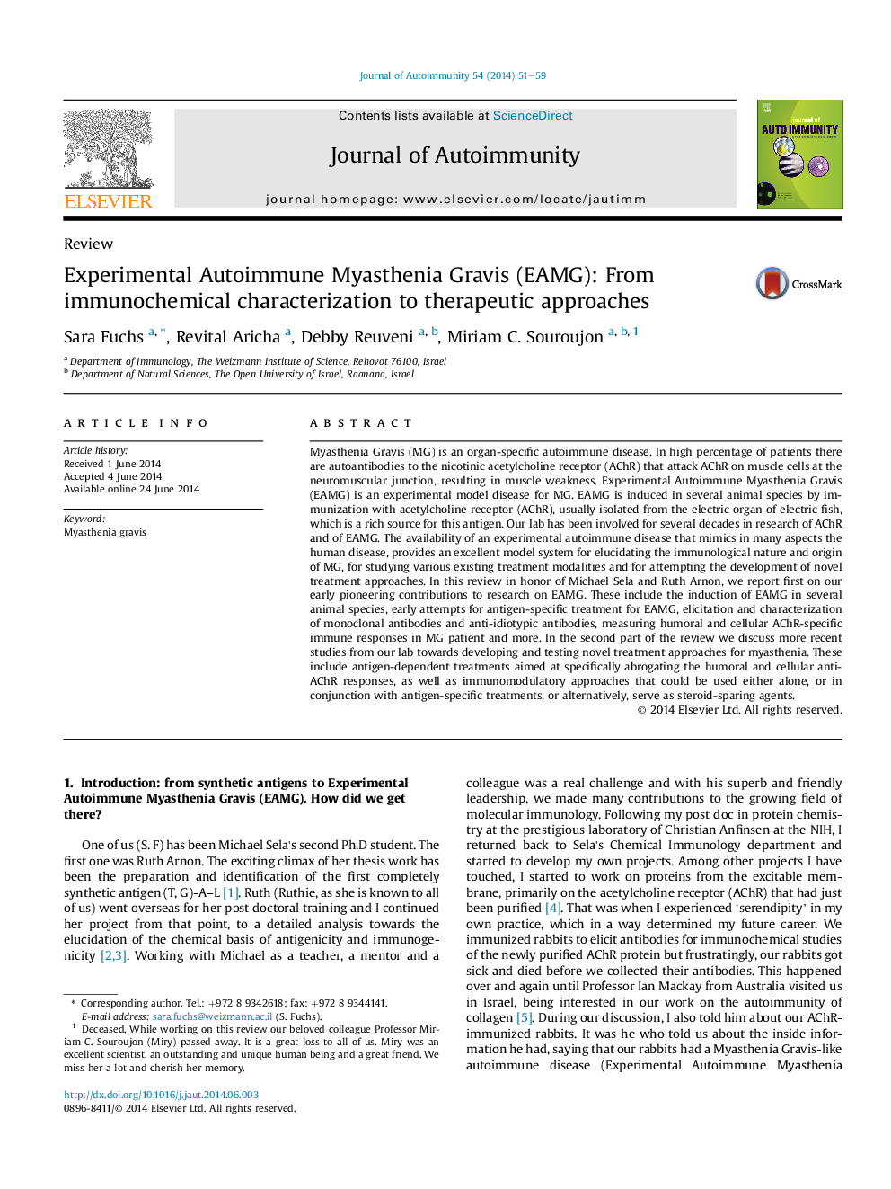 Experimental Autoimmune Myasthenia Gravis (EAMG): From immunochemical characterization to therapeutic approaches