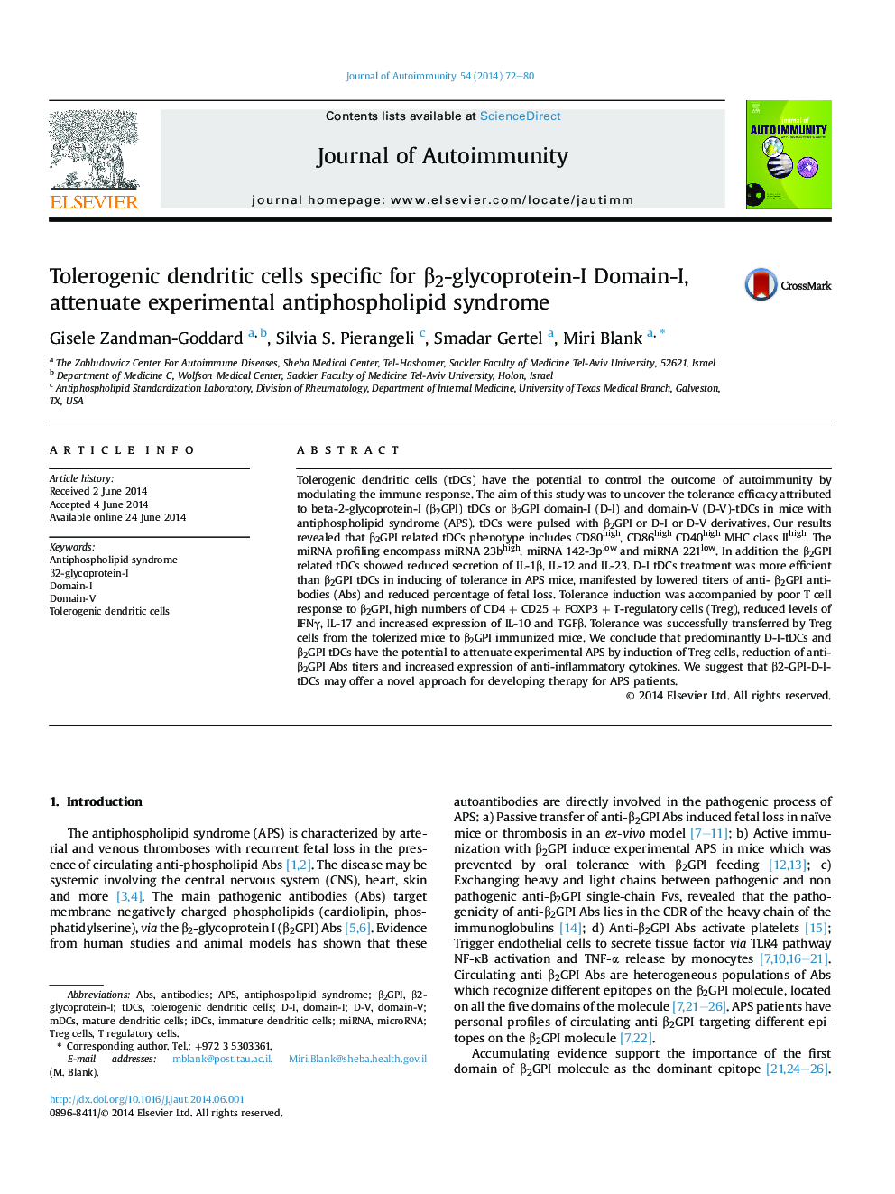 Tolerogenic dendritic cells specific for β2-glycoprotein-I Domain-I, attenuate experimental antiphospholipid syndrome