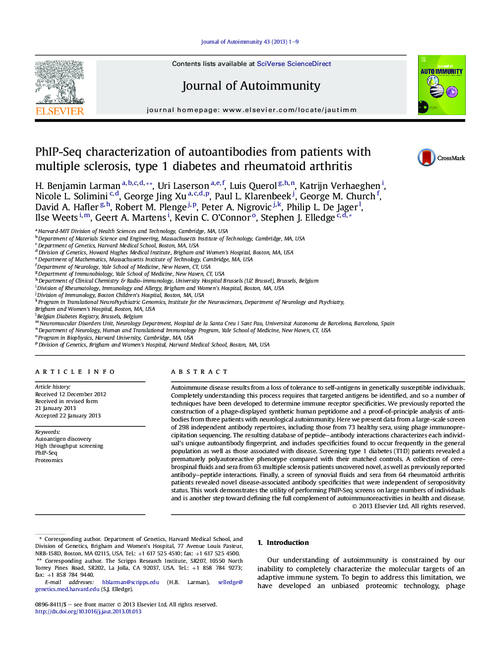 PhIP-Seq characterization of autoantibodies from patients with multiple sclerosis, type 1 diabetes and rheumatoid arthritis