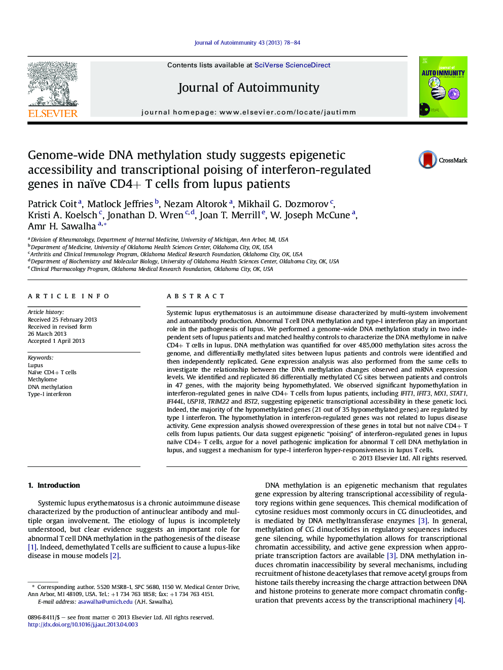 Genome-wide DNA methylation study suggests epigenetic accessibility and transcriptional poising of interferon-regulated genes in naïve CD4+ T cells from lupus patients