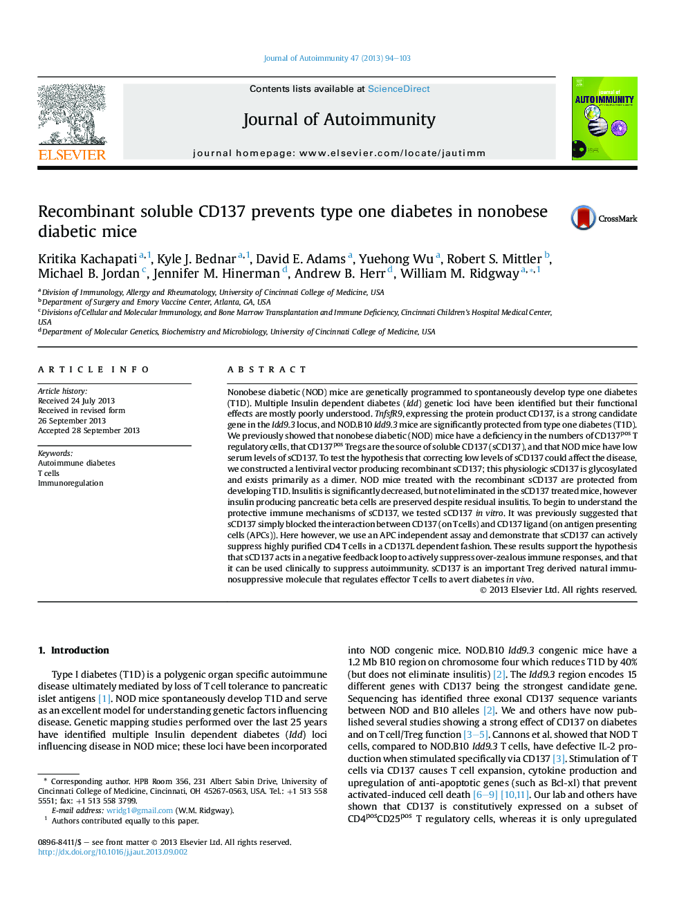 Recombinant soluble CD137 prevents type one diabetes in nonobese diabetic mice