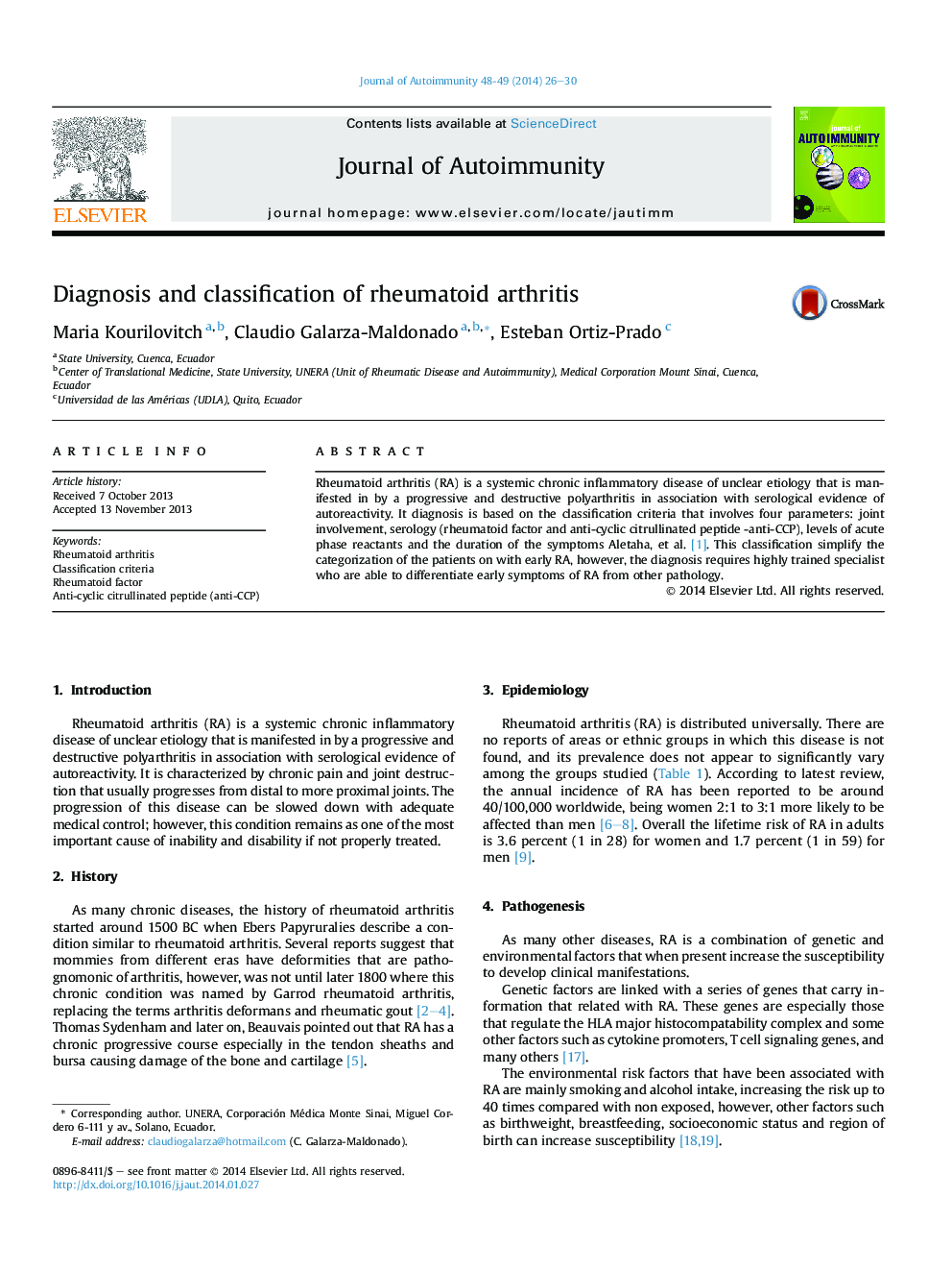 Diagnosis and classification of rheumatoid arthritis