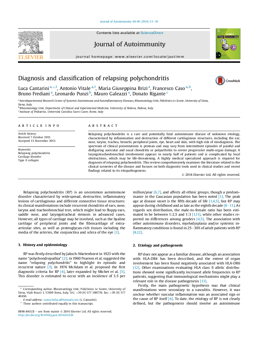 Diagnosis and classification of relapsing polychondritis