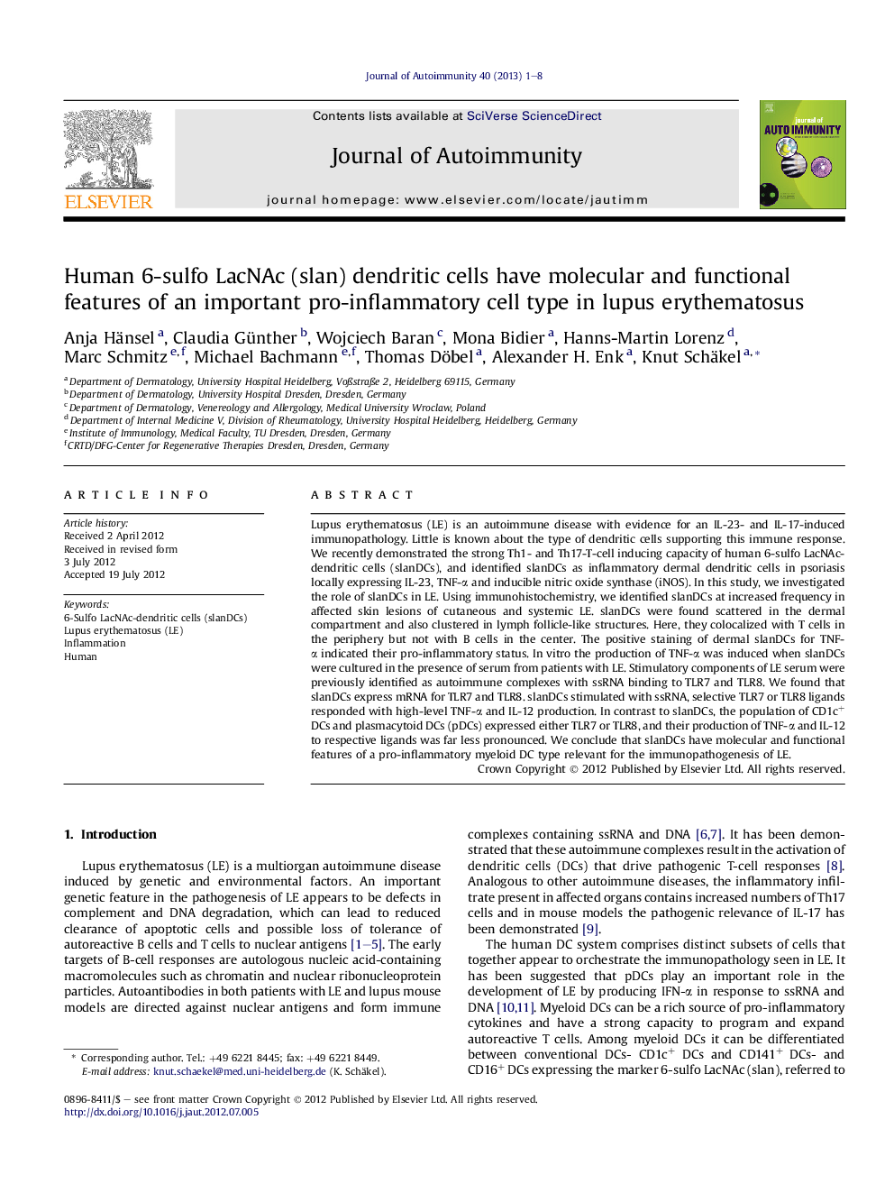 Human 6-sulfo LacNAc (slan) dendritic cells have molecular and functional features of an important pro-inflammatory cell type in lupus erythematosus