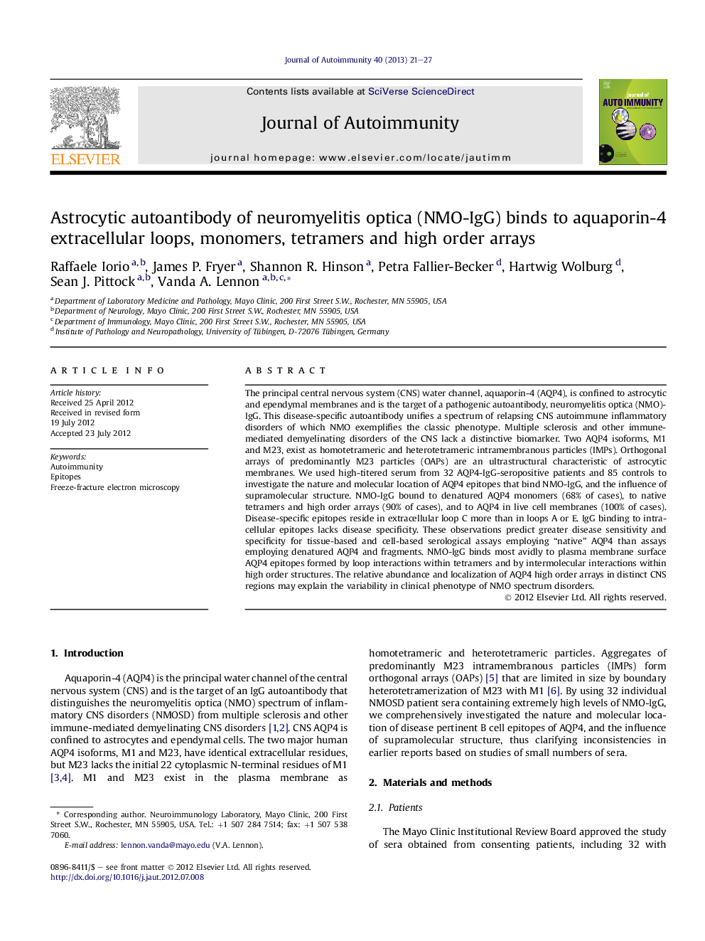 Astrocytic autoantibody of neuromyelitis optica (NMO-IgG) binds to aquaporin-4 extracellular loops, monomers, tetramers and high order arrays