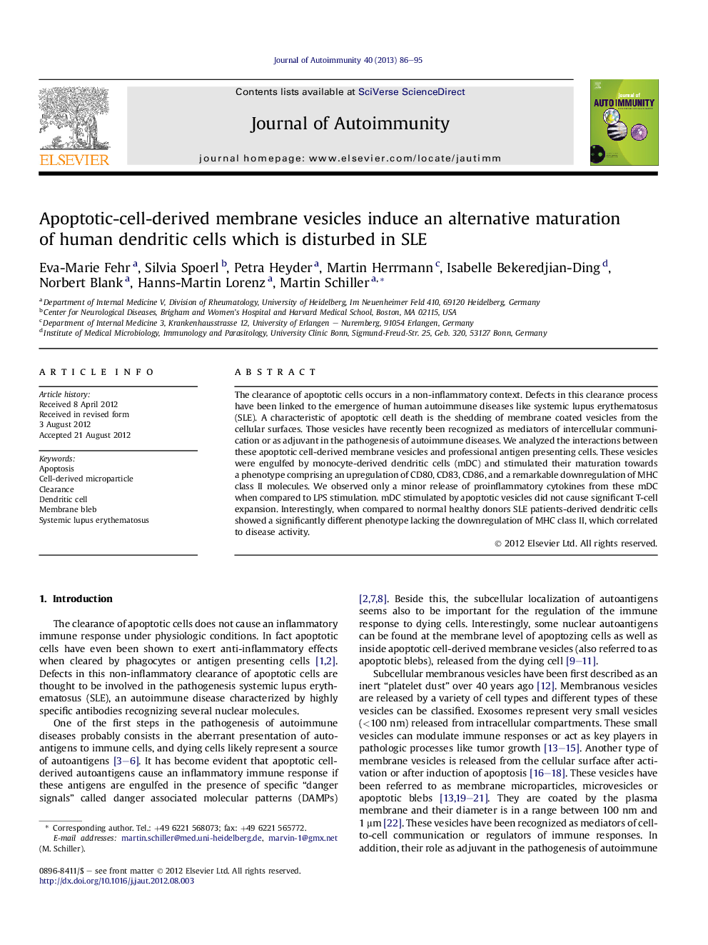 Apoptotic-cell-derived membrane vesicles induce an alternative maturation of human dendritic cells which is disturbed in SLE