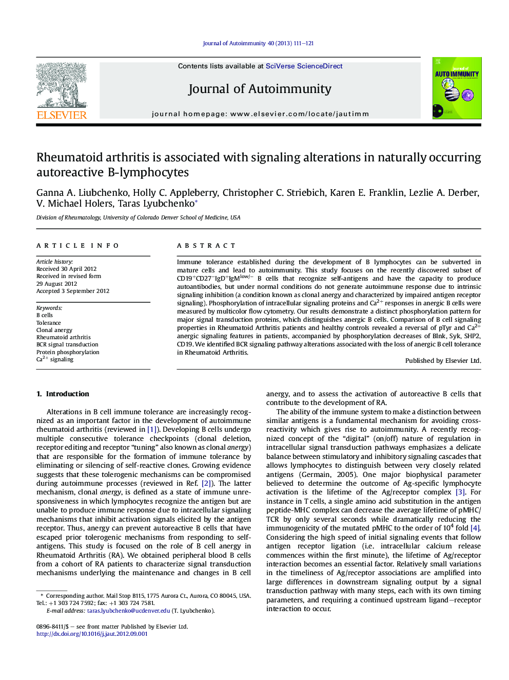 Rheumatoid arthritis is associated with signaling alterations in naturally occurring autoreactive B-lymphocytes