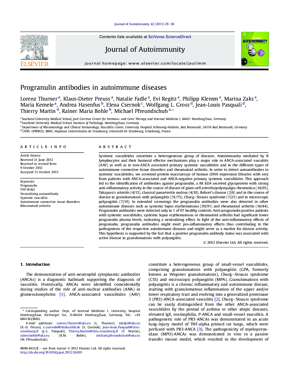 Progranulin antibodies in autoimmune diseases