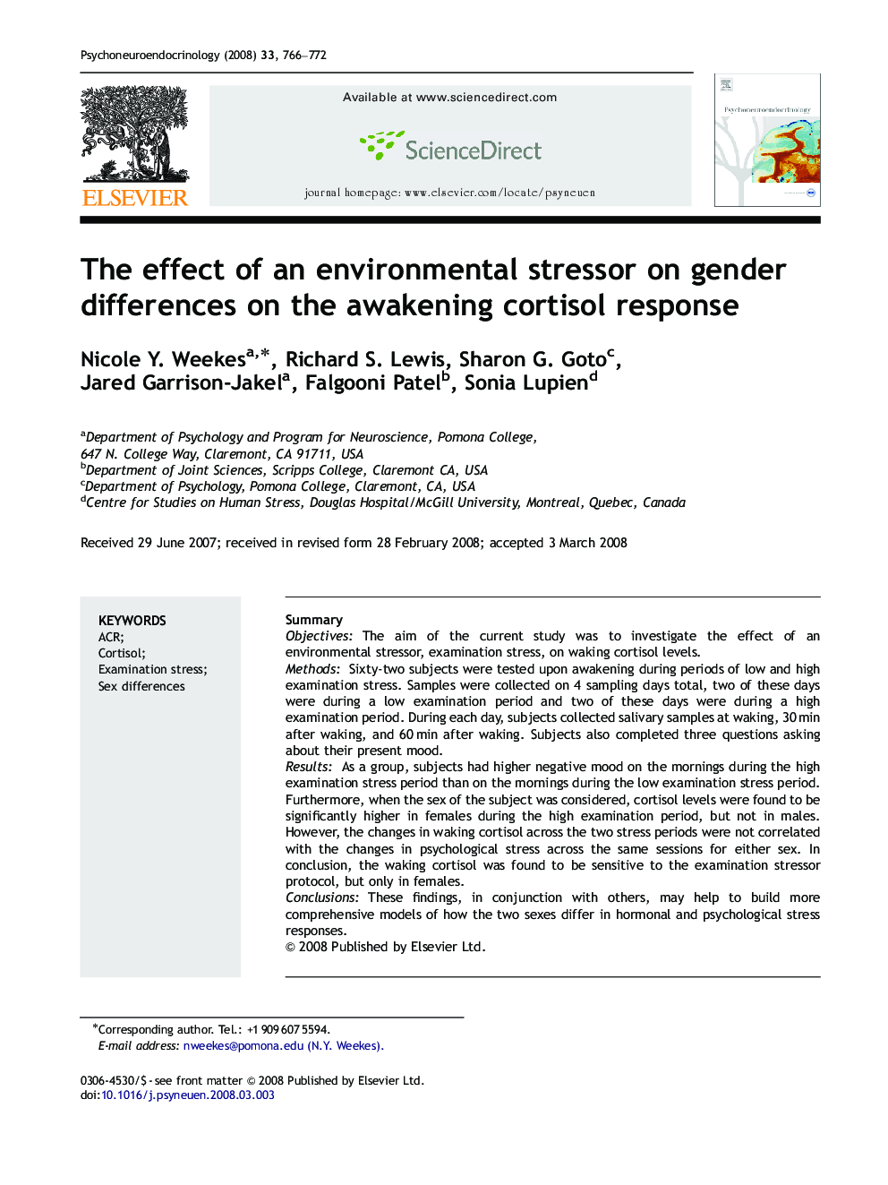 عکس صفحه اول مقاله: The effect of an environmental stressor on gender differences on the awakening cortisol response The effect of an environmental stressor on gender differences on the awakening cortisol response