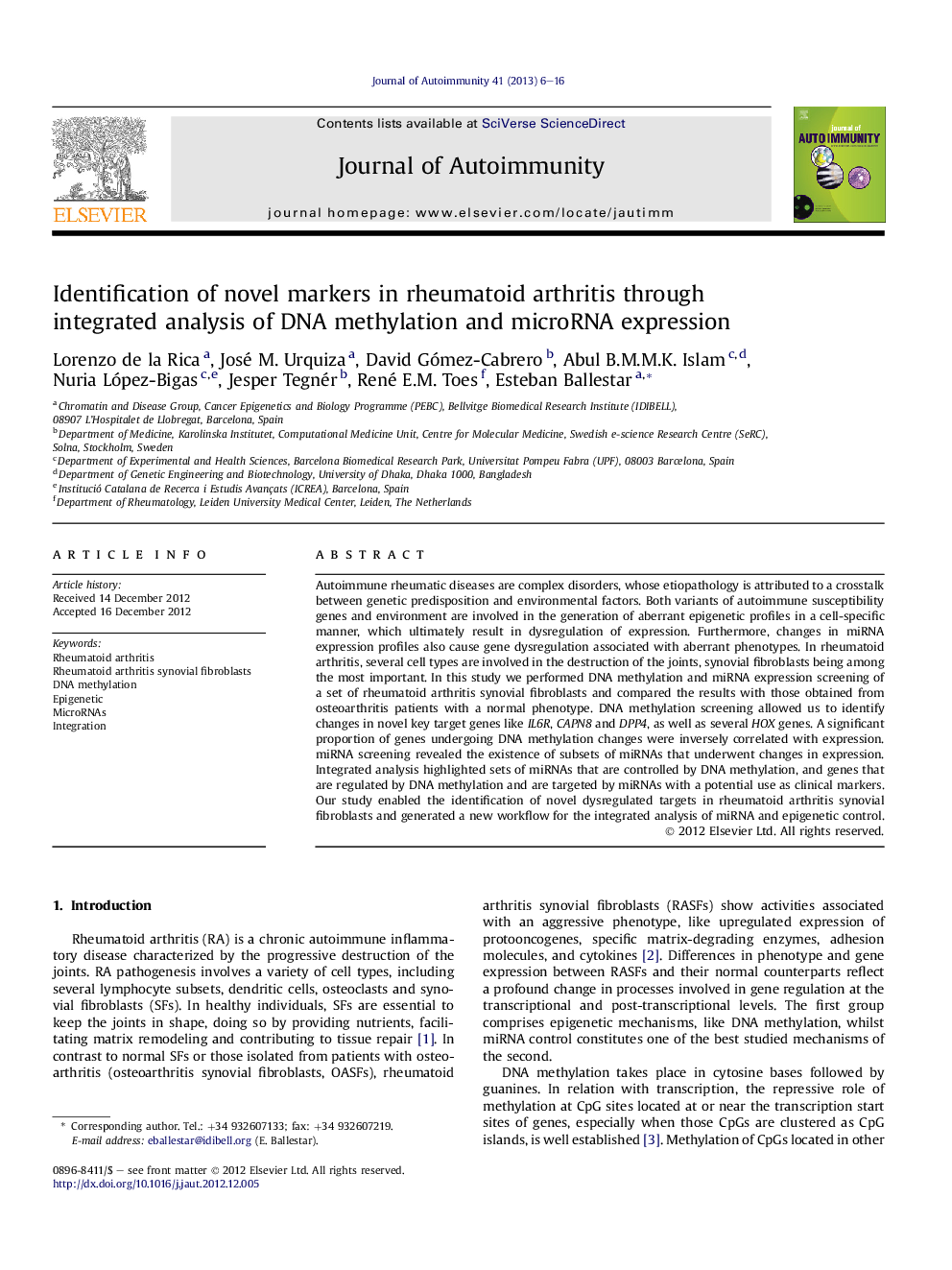 Identification of novel markers in rheumatoid arthritis through integrated analysis of DNA methylation and microRNA expression