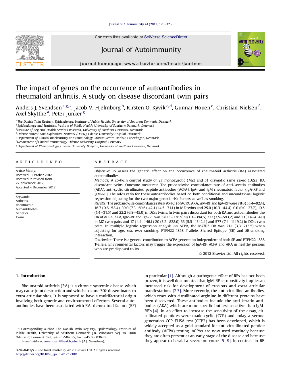 The impact of genes on the occurrence of autoantibodies in rheumatoid arthritis. A study on disease discordant twin pairs