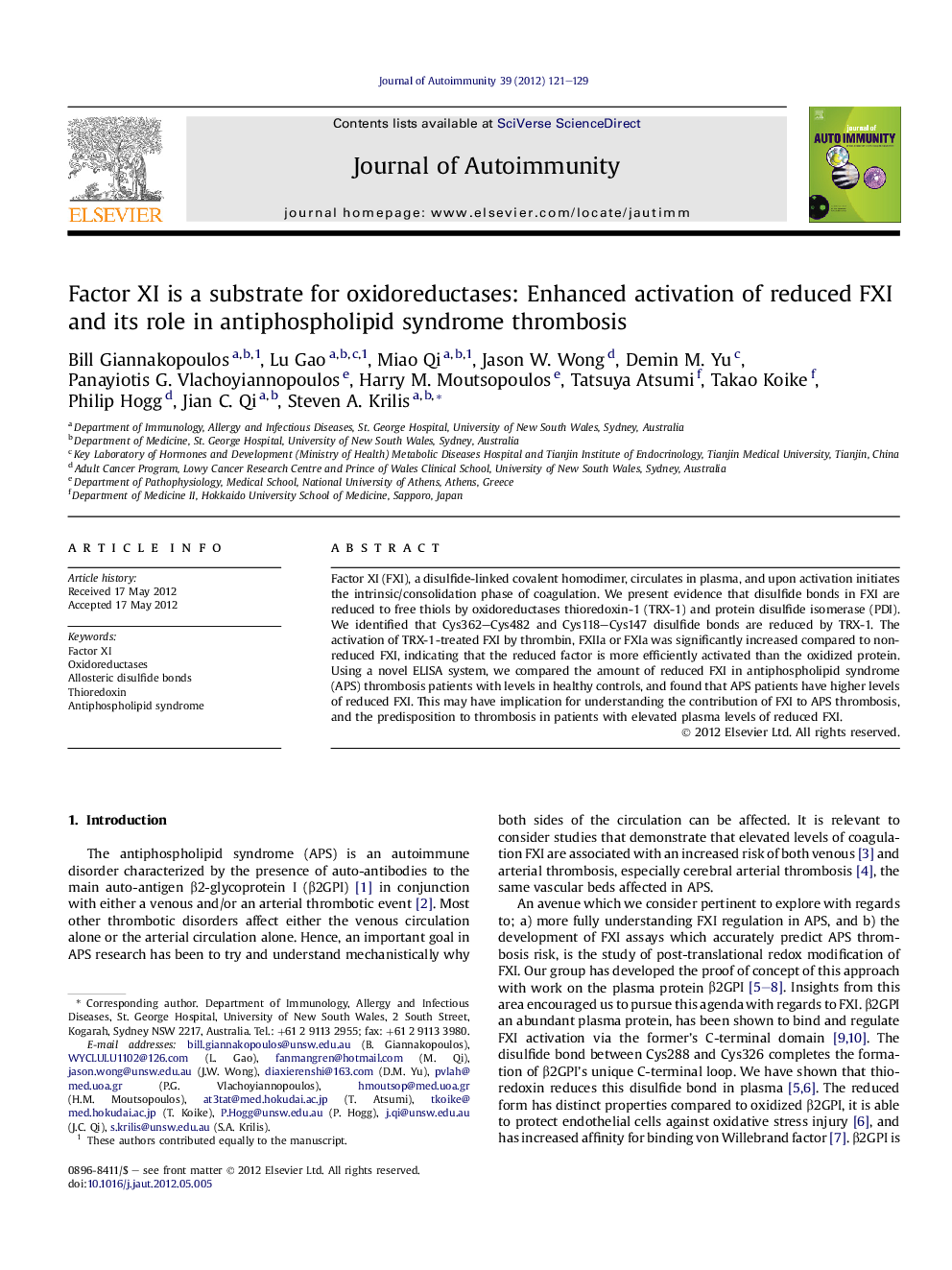 Factor XI is a substrate for oxidoreductases: Enhanced activation of reduced FXI and its role in antiphospholipid syndrome thrombosis