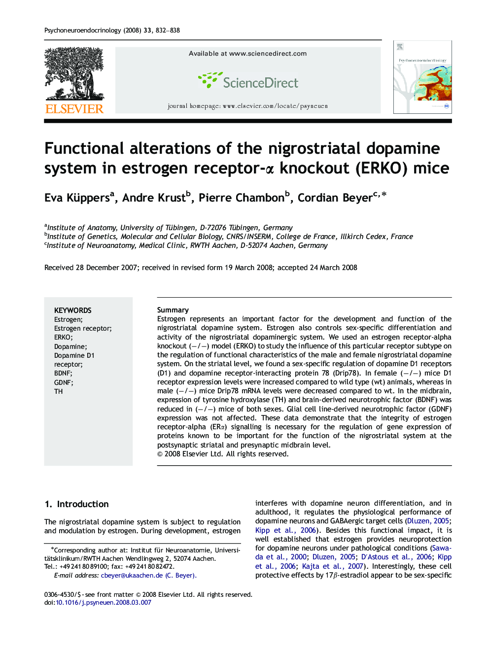 Functional alterations of the nigrostriatal dopamine system in estrogen receptor-α knockout (ERKO) mice