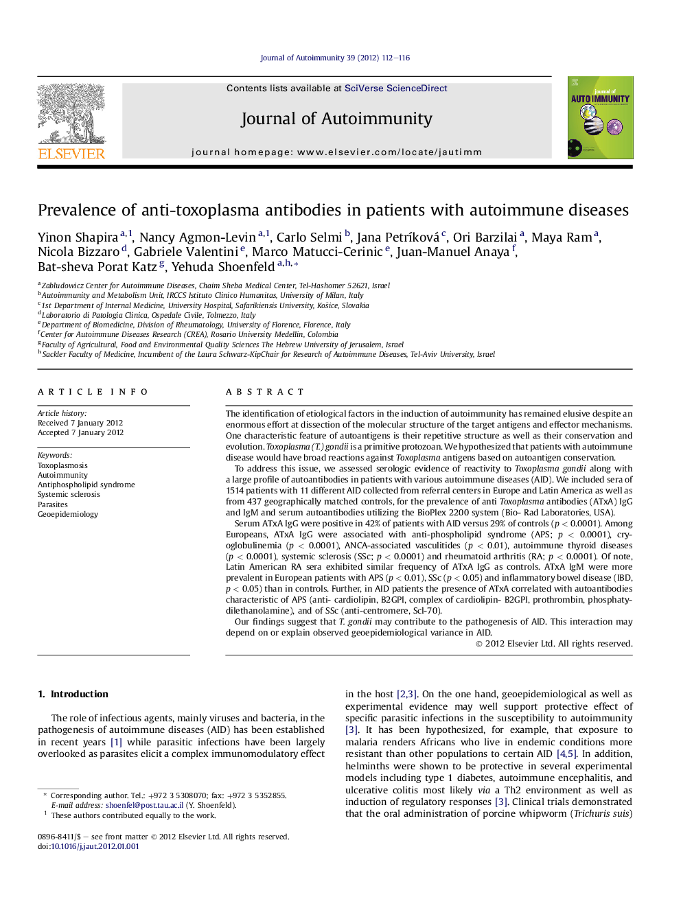 Prevalence of anti-toxoplasma antibodies in patients with autoimmune diseases