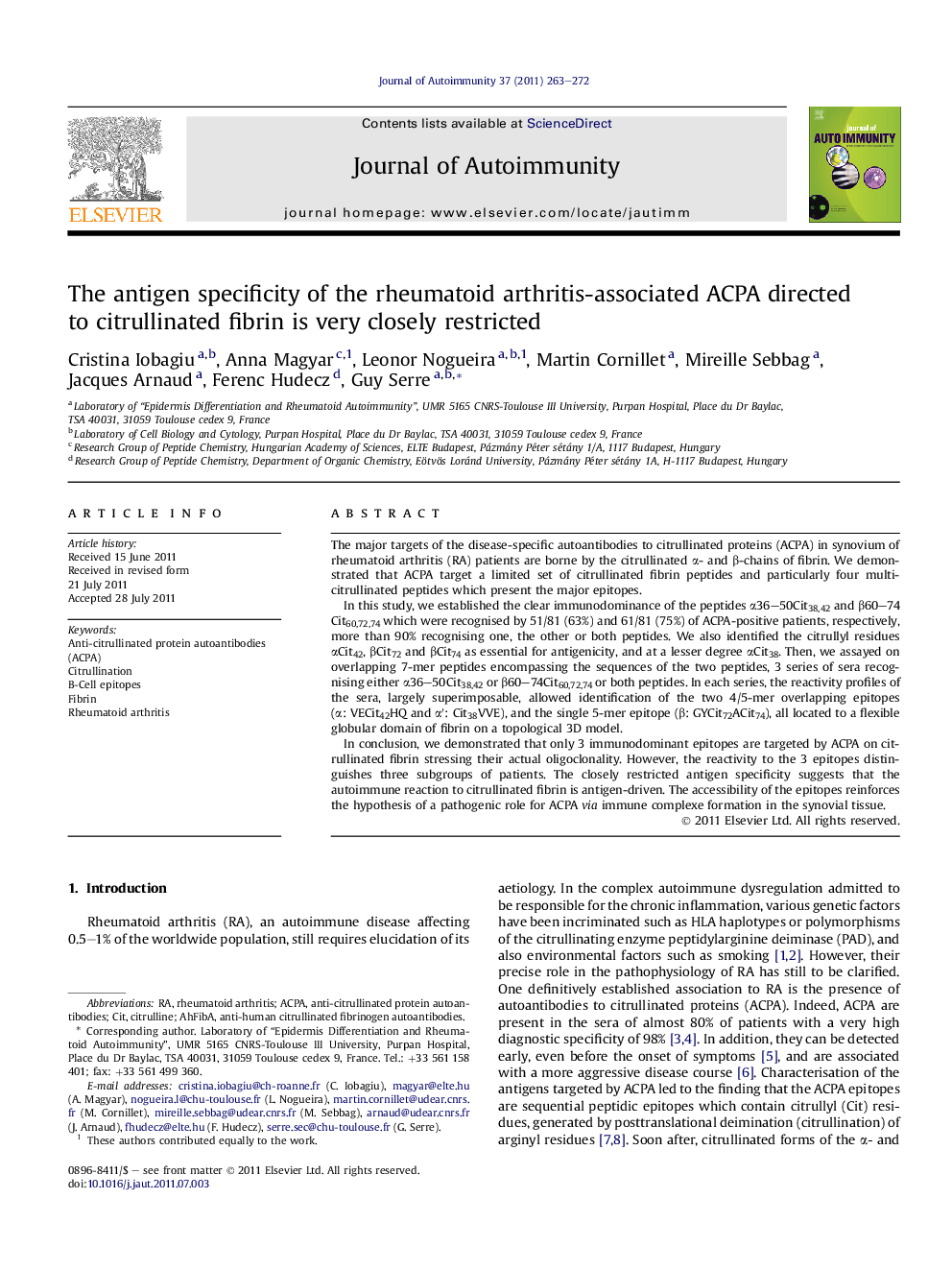 The antigen specificity of the rheumatoid arthritis-associated ACPA directed to citrullinated fibrin is very closely restricted