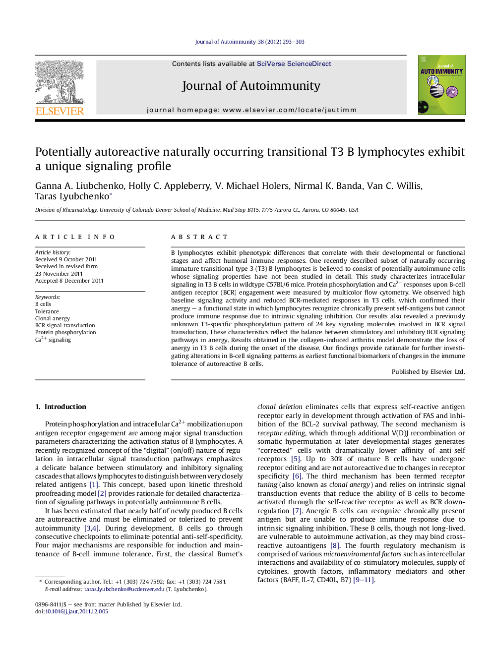 Potentially autoreactive naturally occurring transitional T3 B lymphocytes exhibit a unique signaling profile