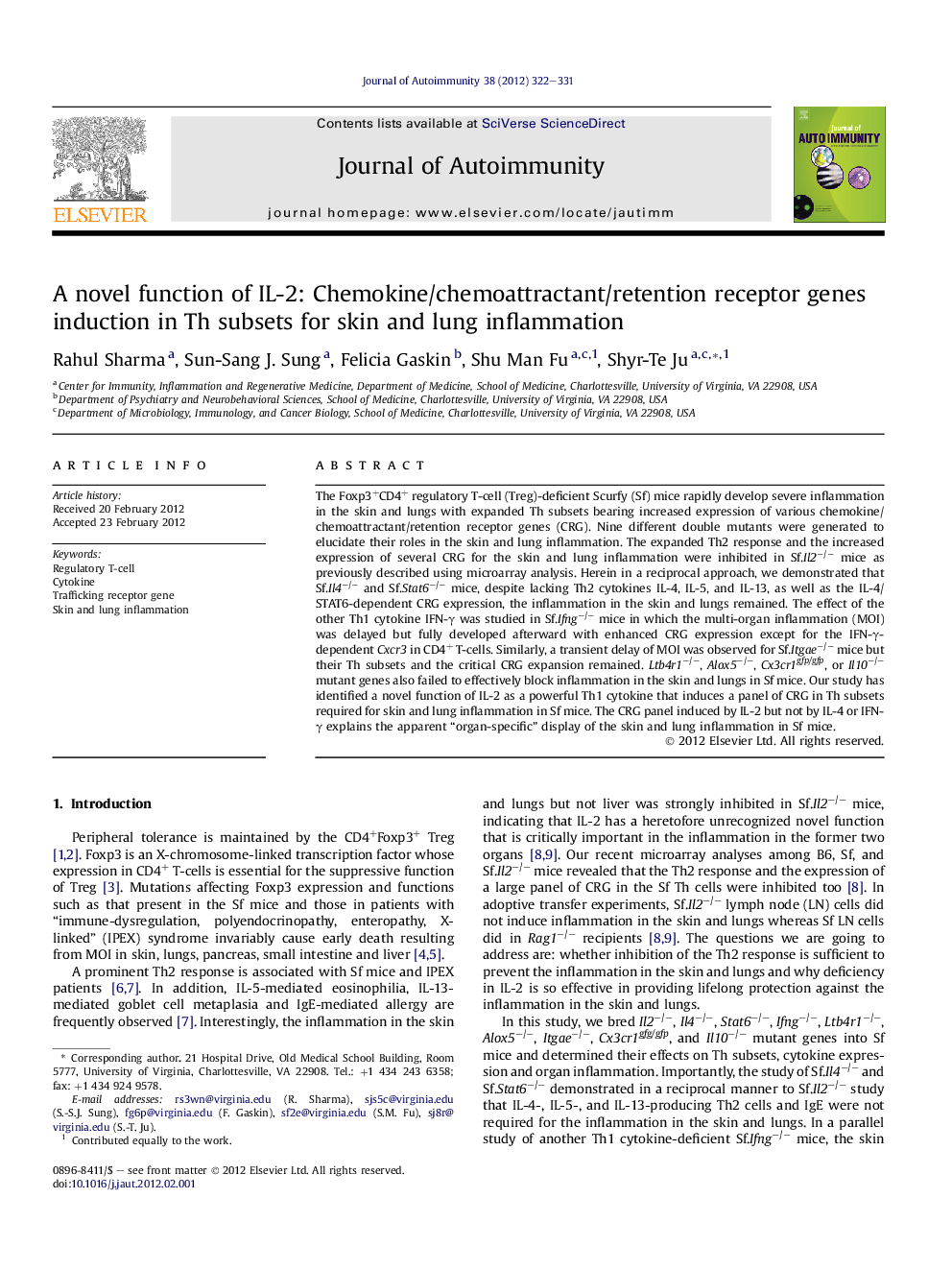 A novel function of IL-2: Chemokine/chemoattractant/retention receptor genes induction in Th subsets for skin and lung inflammation