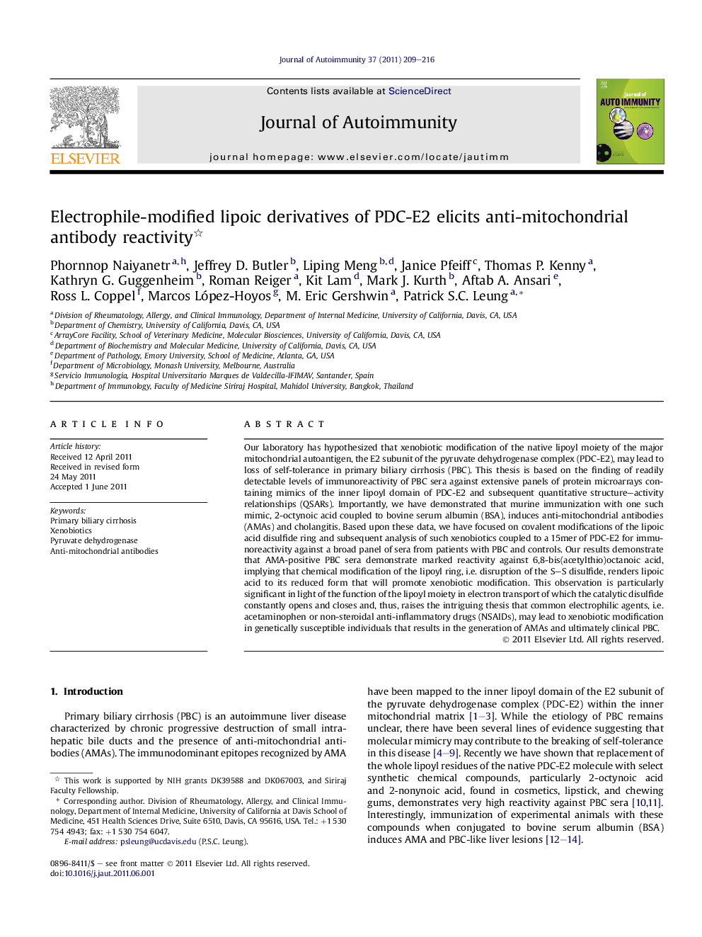 Electrophile-modified lipoic derivatives of PDC-E2 elicits anti-mitochondrial antibody reactivity 