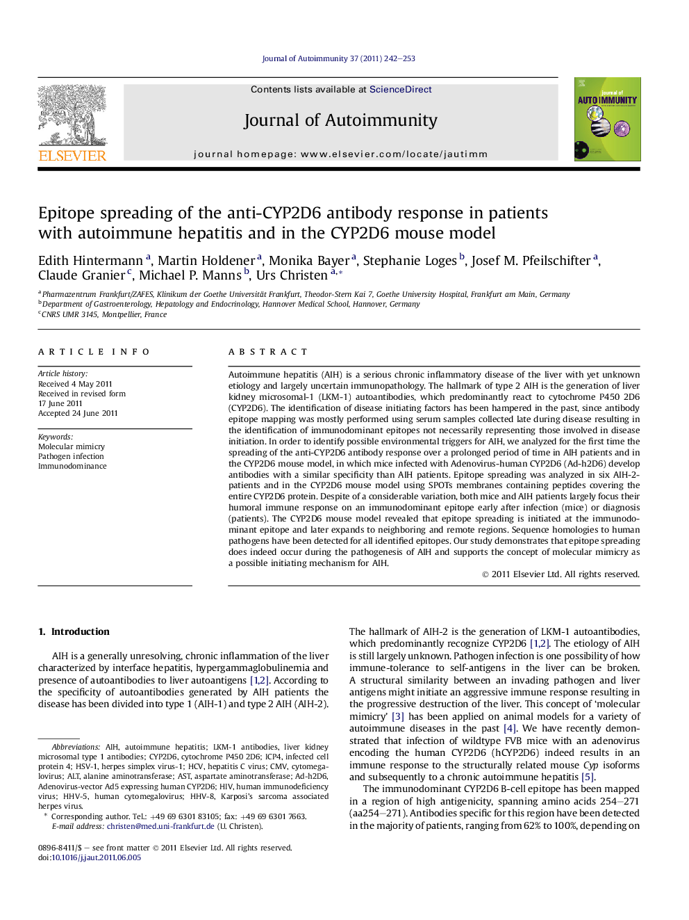 Epitope spreading of the anti-CYP2D6 antibody response in patients with autoimmune hepatitis and in the CYP2D6 mouse model