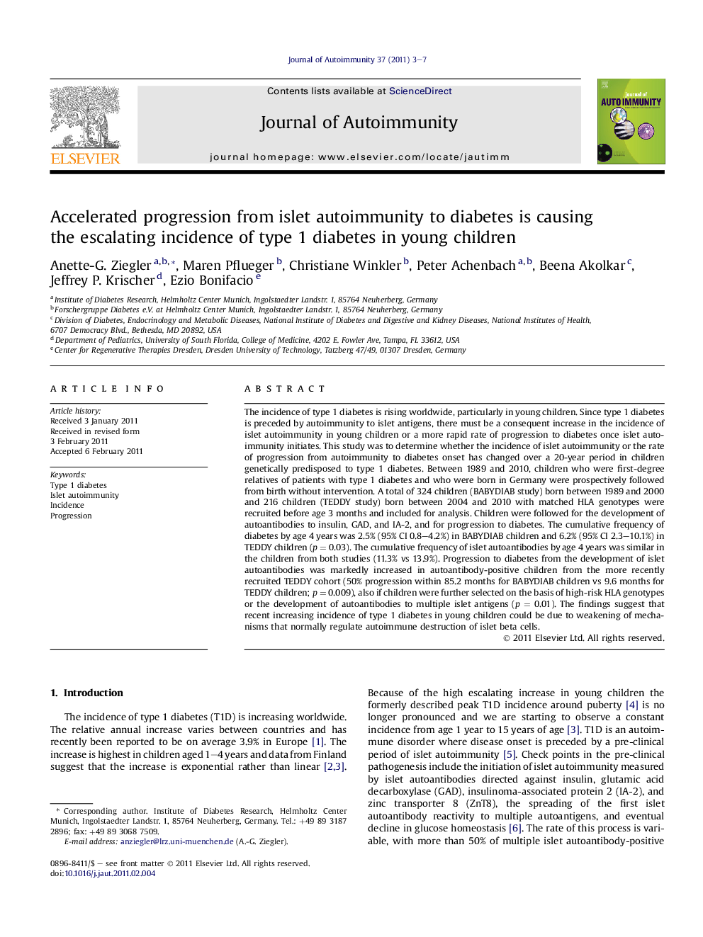 Accelerated progression from islet autoimmunity to diabetes is causing the escalating incidence of type 1 diabetes in young children