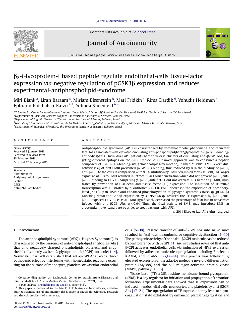 β2-Glycoprotein-I based peptide regulate endothelial-cells tissue-factor expression via negative regulation of pGSK3β expression and reduces experimental-antiphospholipid-syndrome