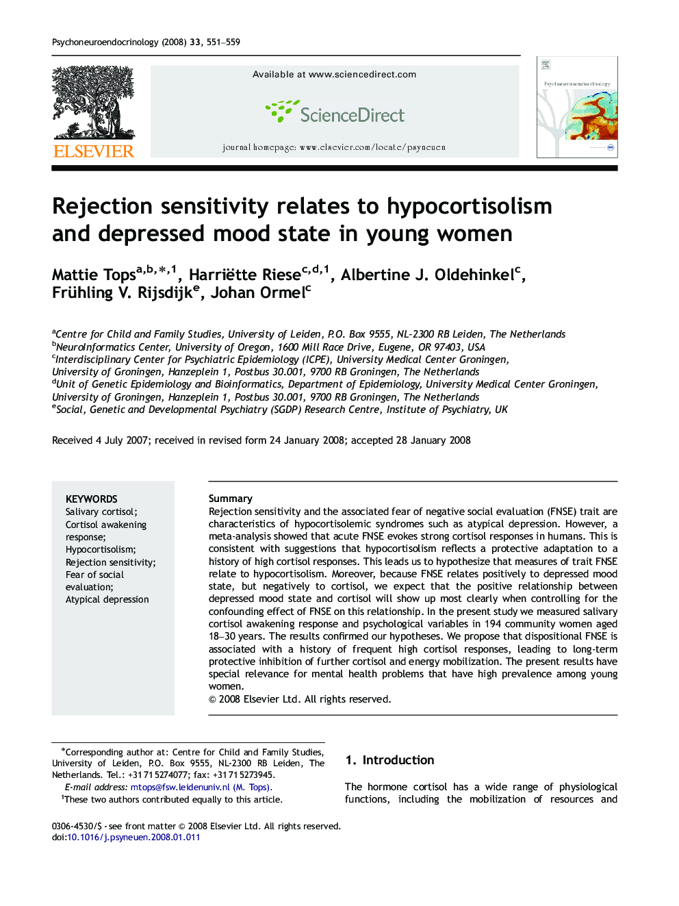 Rejection sensitivity relates to hypocortisolism and depressed mood state in young women
