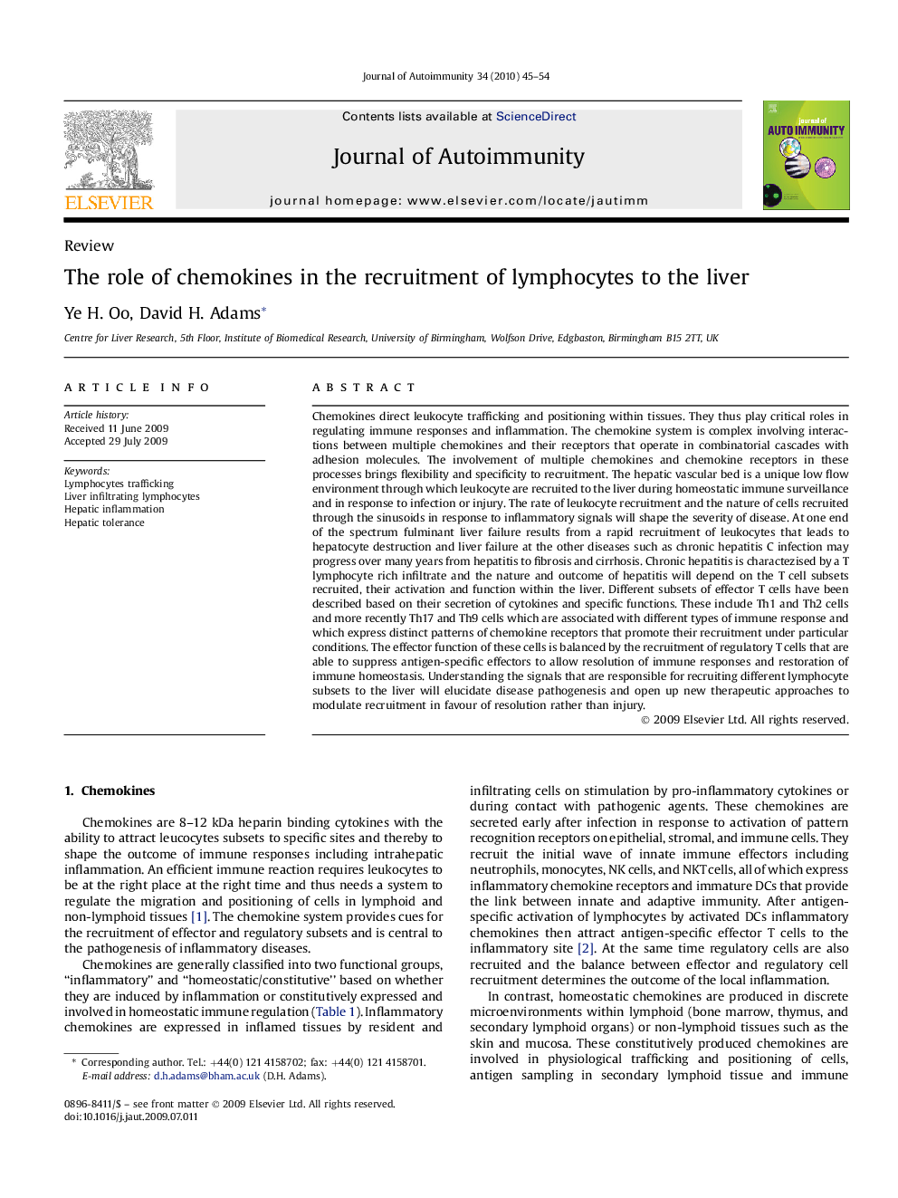 The role of chemokines in the recruitment of lymphocytes to the liver