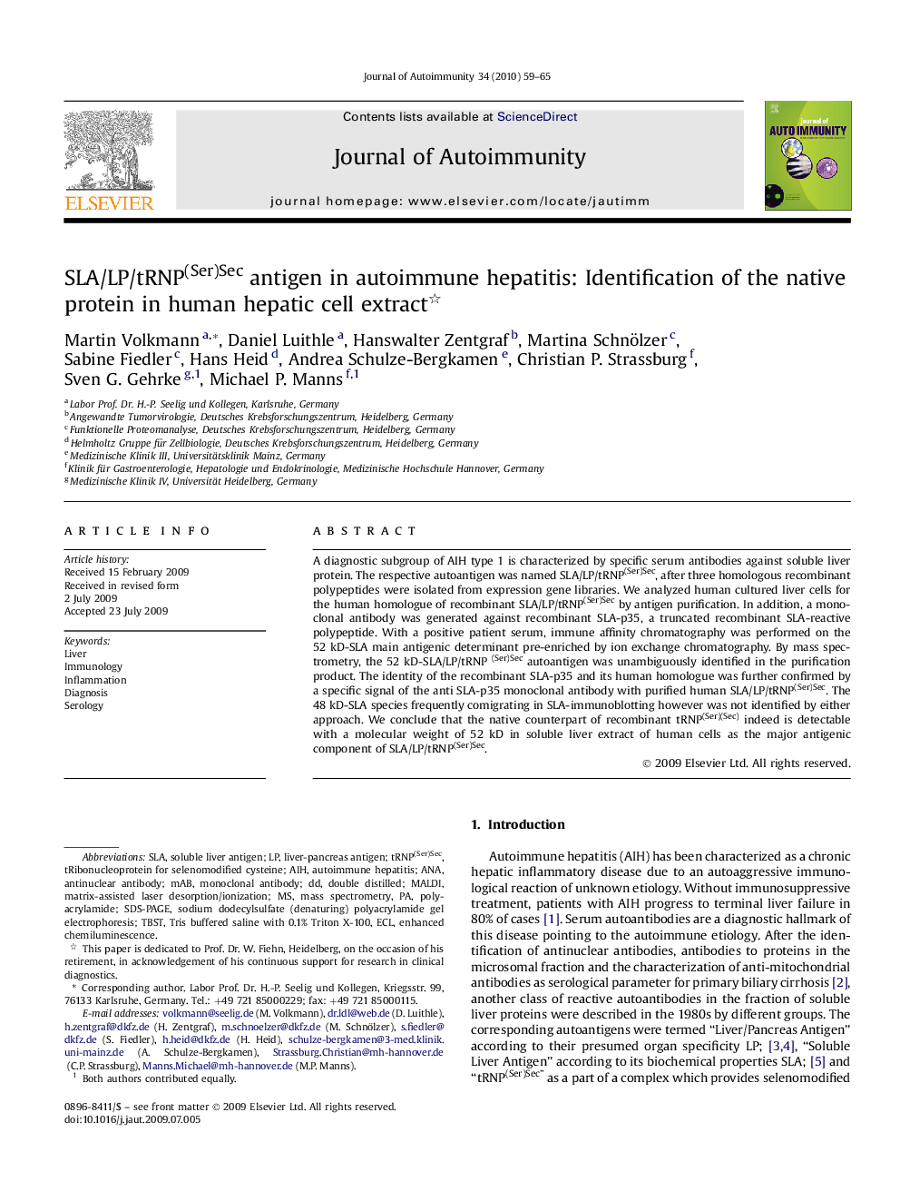 SLA/LP/tRNP(Ser)Sec antigen in autoimmune hepatitis: Identification of the native protein in human hepatic cell extract 