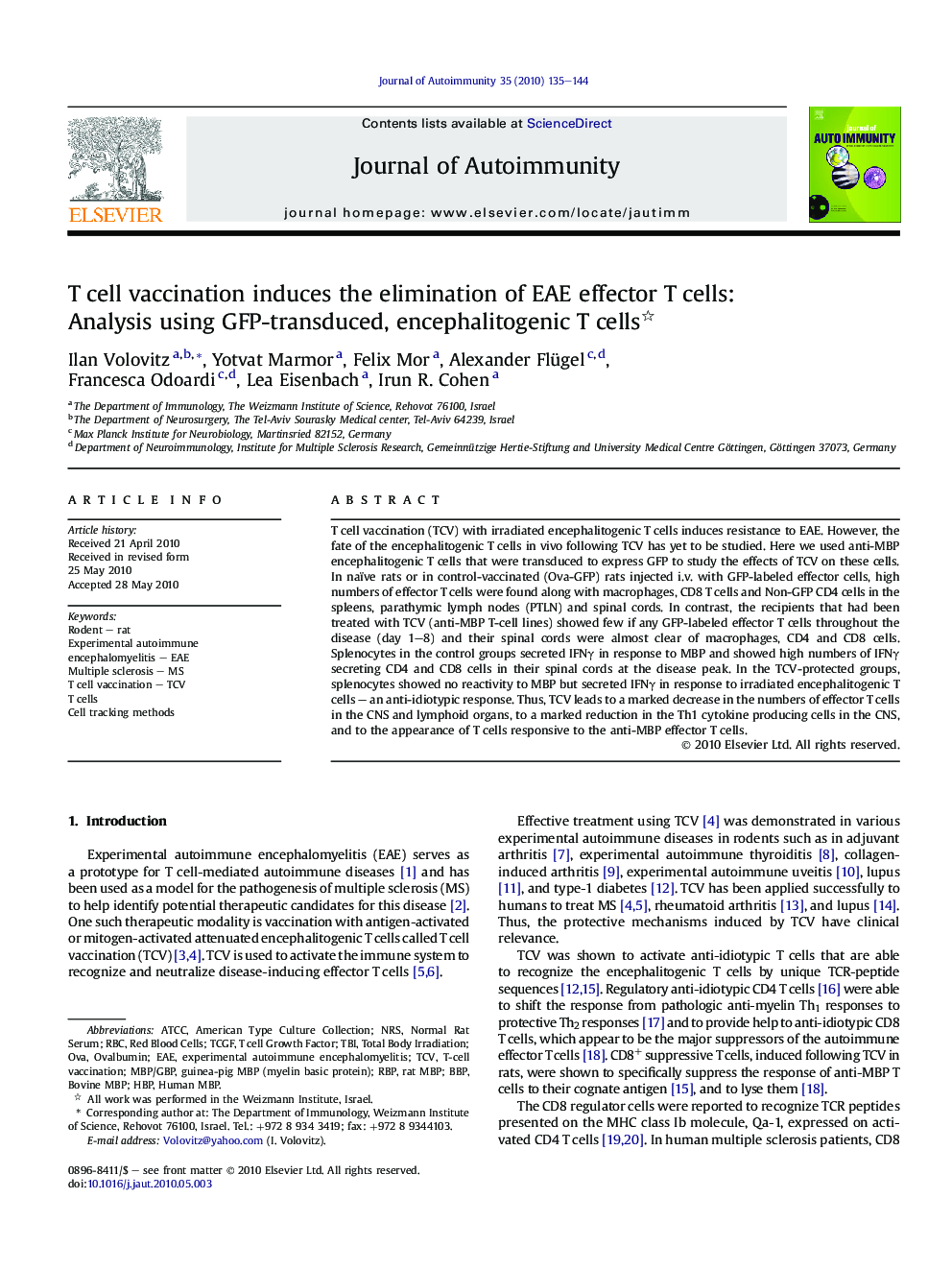 T cell vaccination induces the elimination of EAE effector T cells: Analysis using GFP-transduced, encephalitogenic T cells 