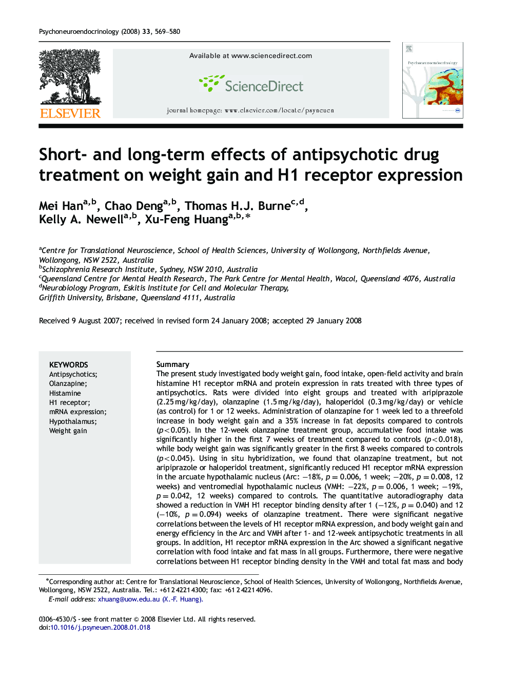 Short- and long-term effects of antipsychotic drug treatment on weight gain and H1 receptor expression