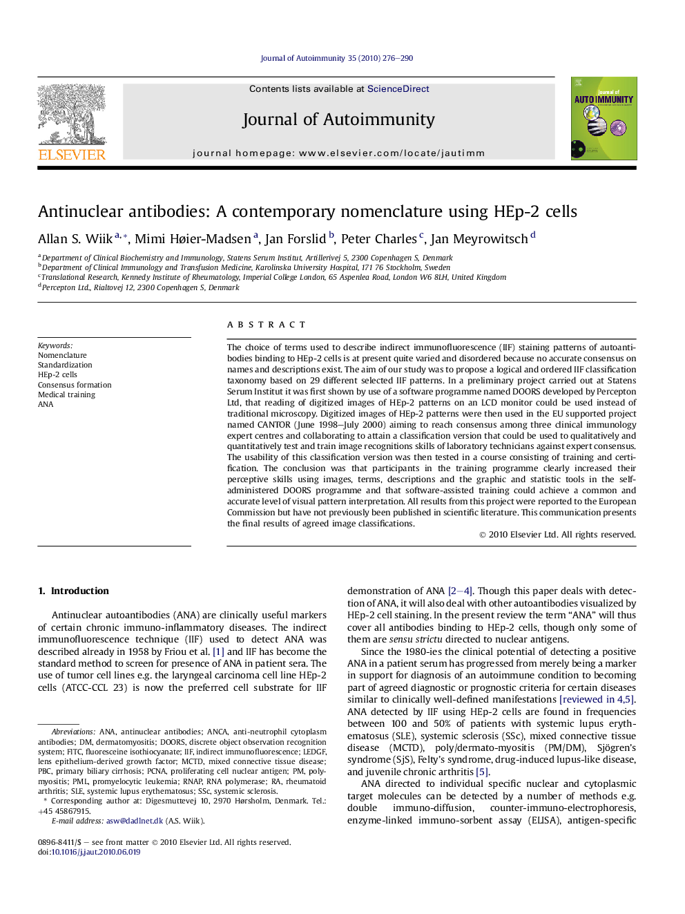 Antinuclear antibodies: A contemporary nomenclature using HEp-2 cells