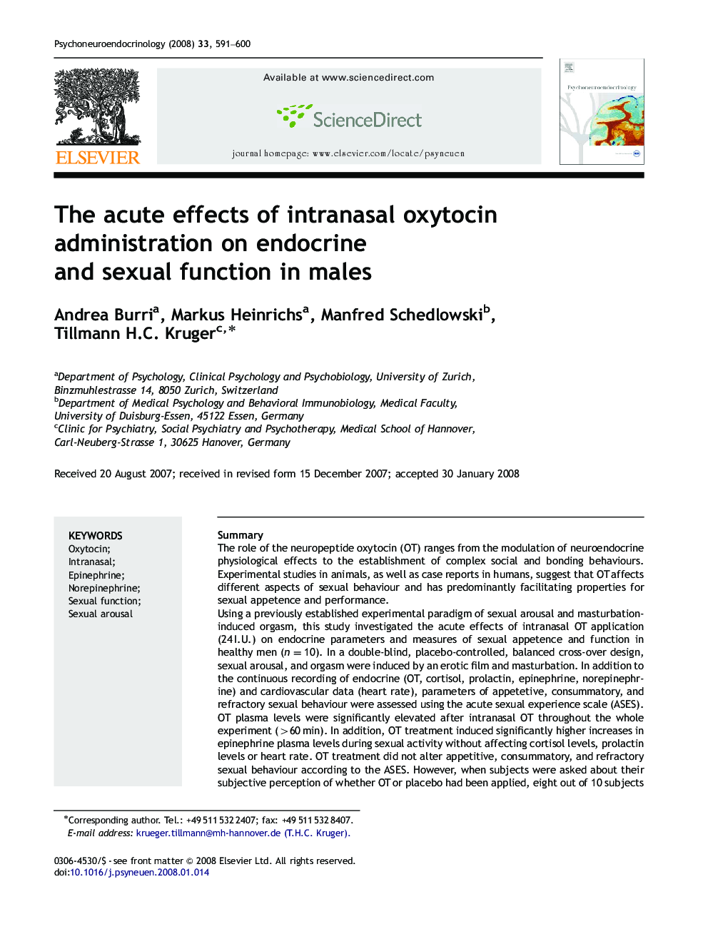 The acute effects of intranasal oxytocin administration on endocrine and sexual function in males