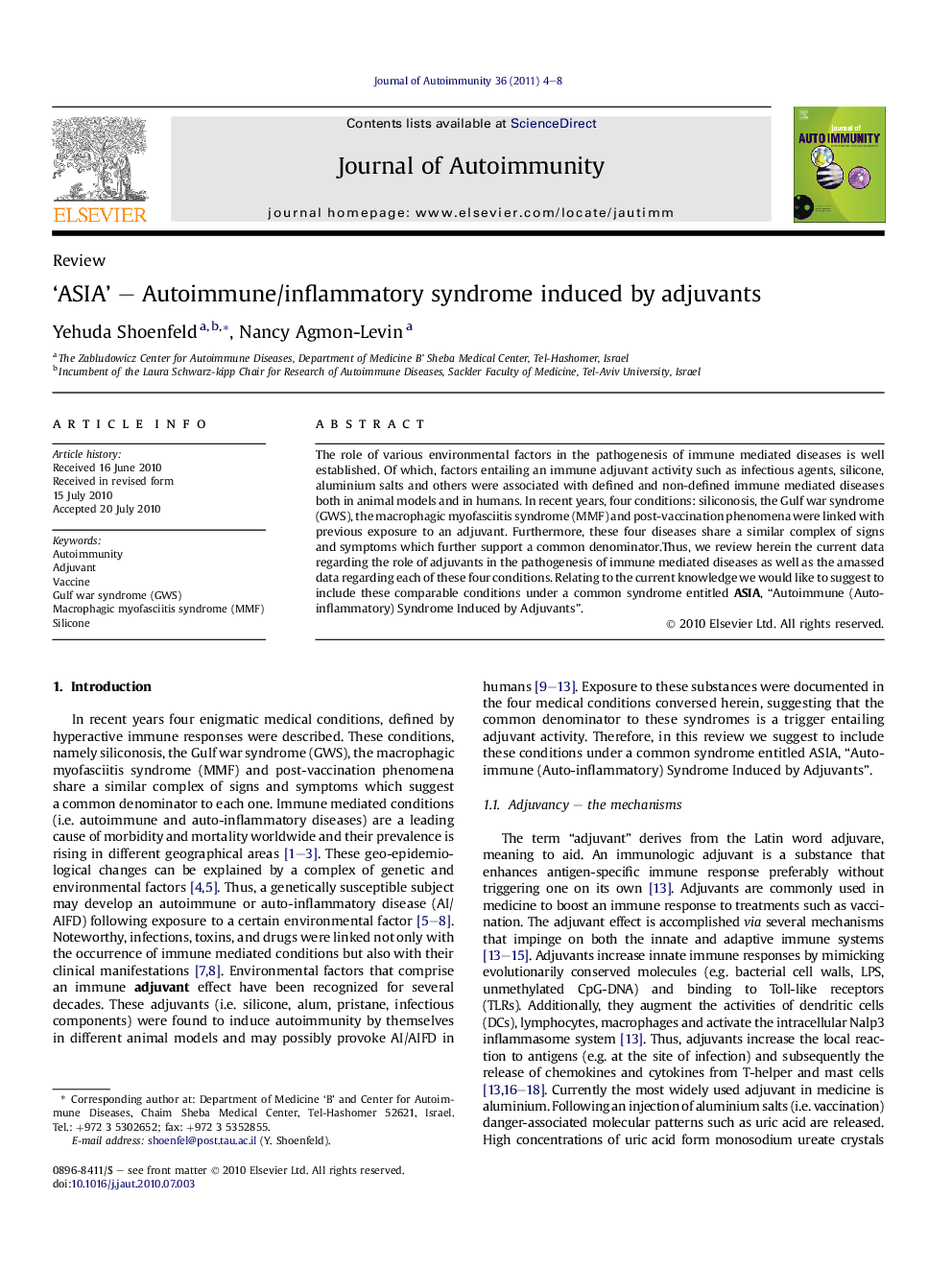 ‘ASIA’ – Autoimmune/inflammatory syndrome induced by adjuvants