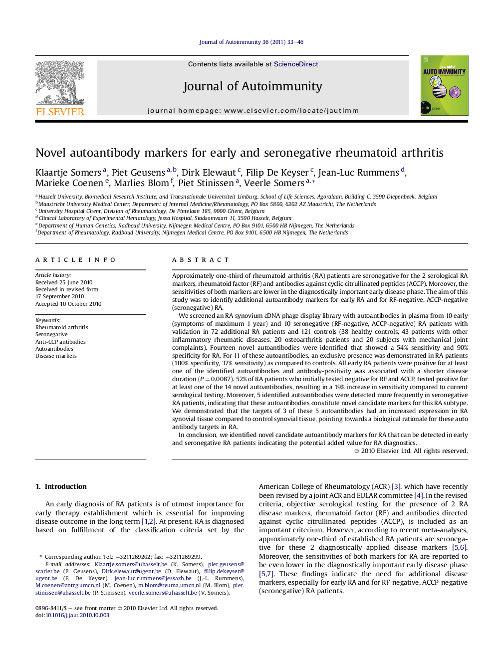 Novel autoantibody markers for early and seronegative rheumatoid arthritis