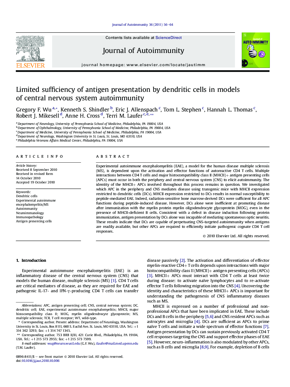 Limited sufficiency of antigen presentation by dendritic cells in models of central nervous system autoimmunity