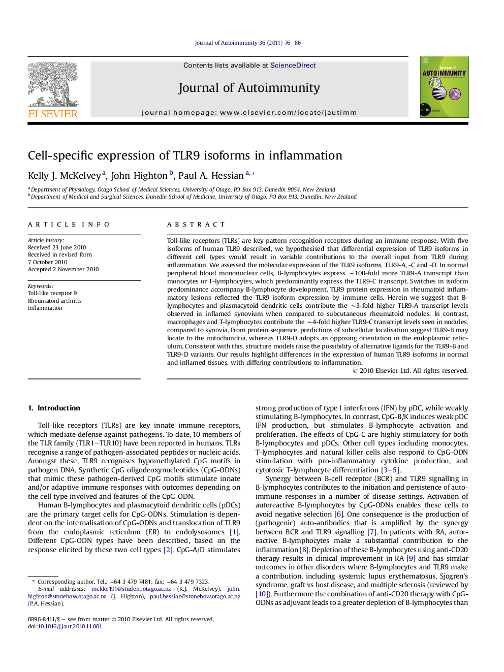 Cell-specific expression of TLR9 isoforms in inflammation