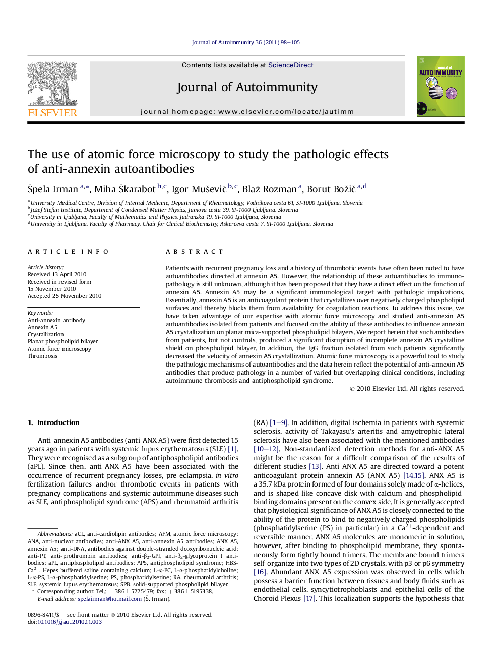 The use of atomic force microscopy to study the pathologic effects of anti-annexin autoantibodies