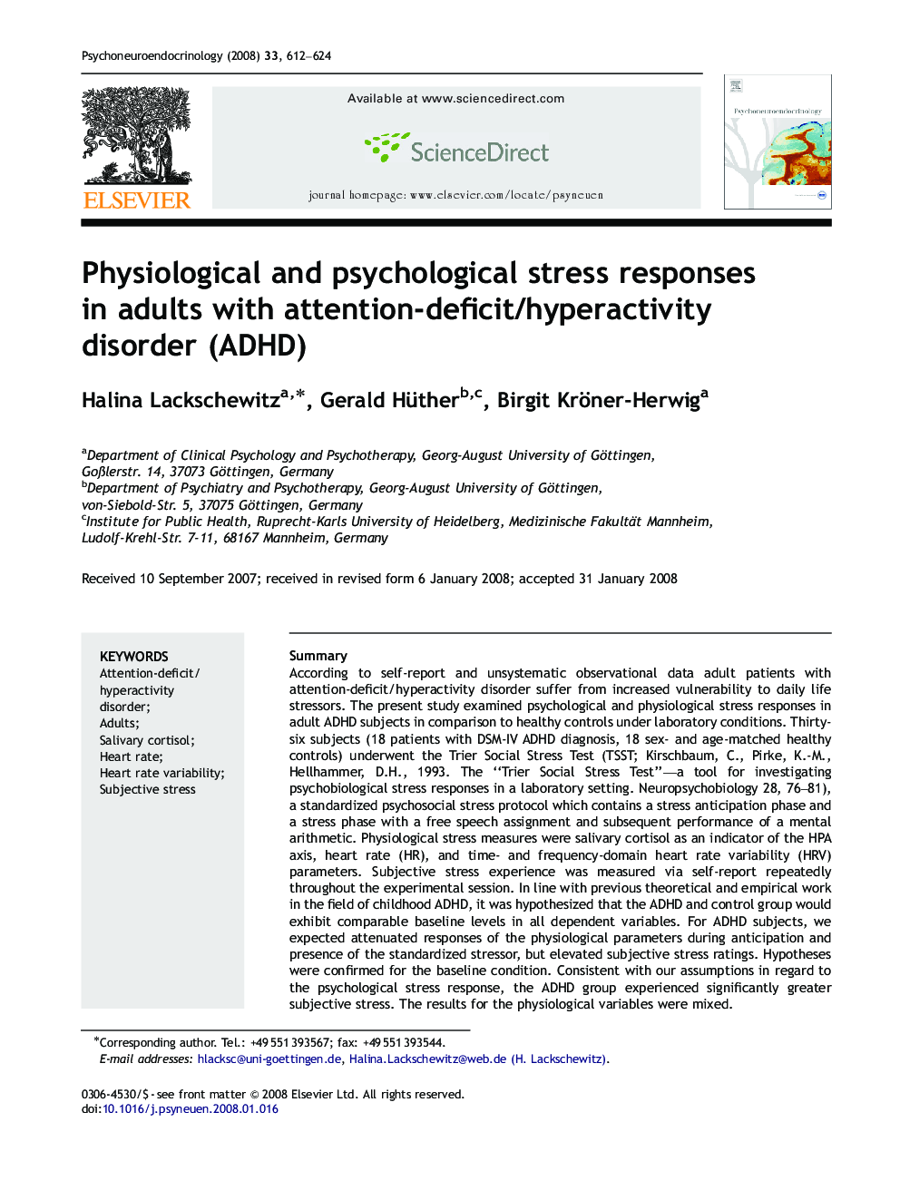 Physiological and psychological stress responses in adults with attention-deficit/hyperactivity disorder (ADHD)