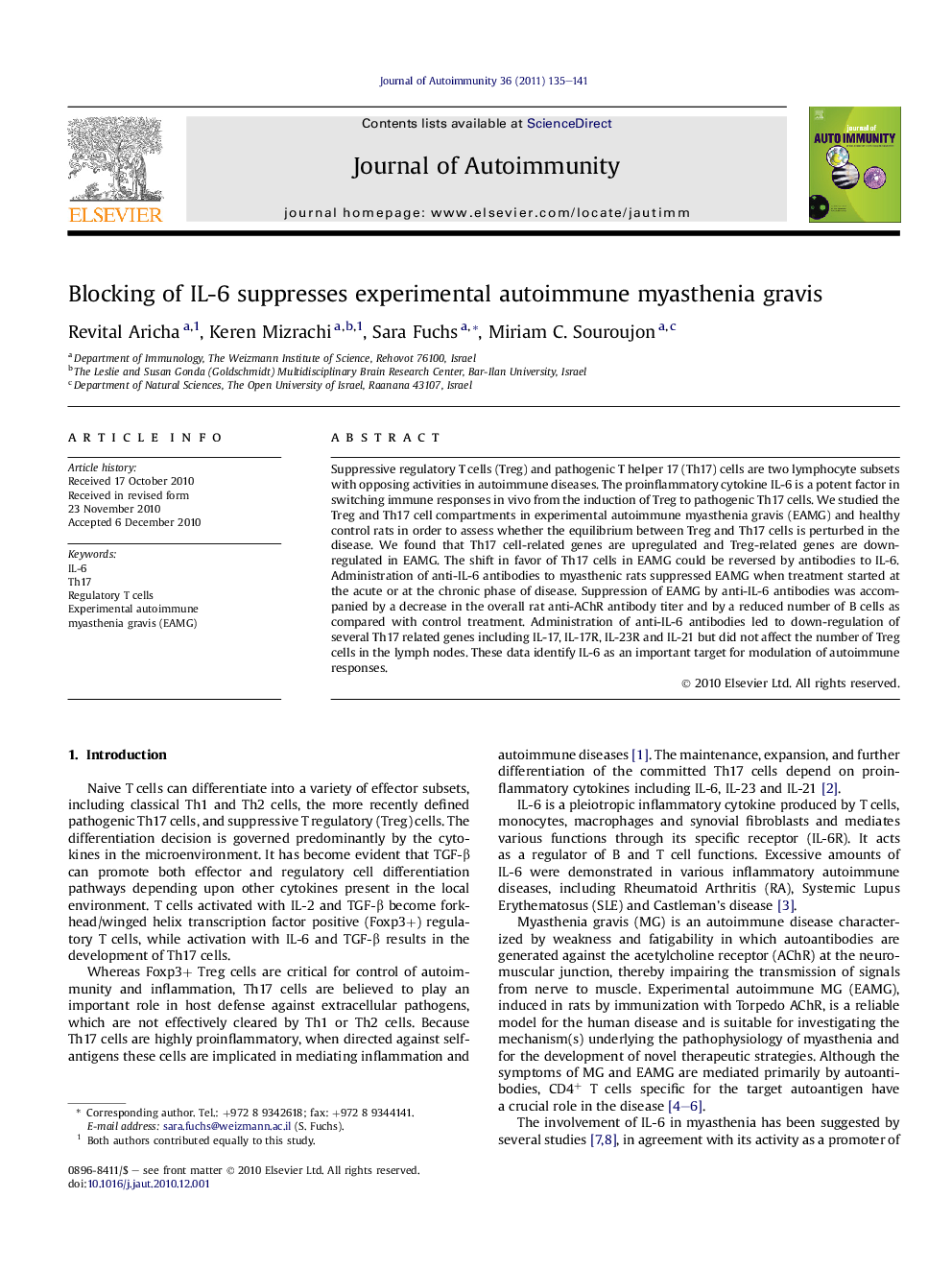 Blocking of IL-6 suppresses experimental autoimmune myasthenia gravis