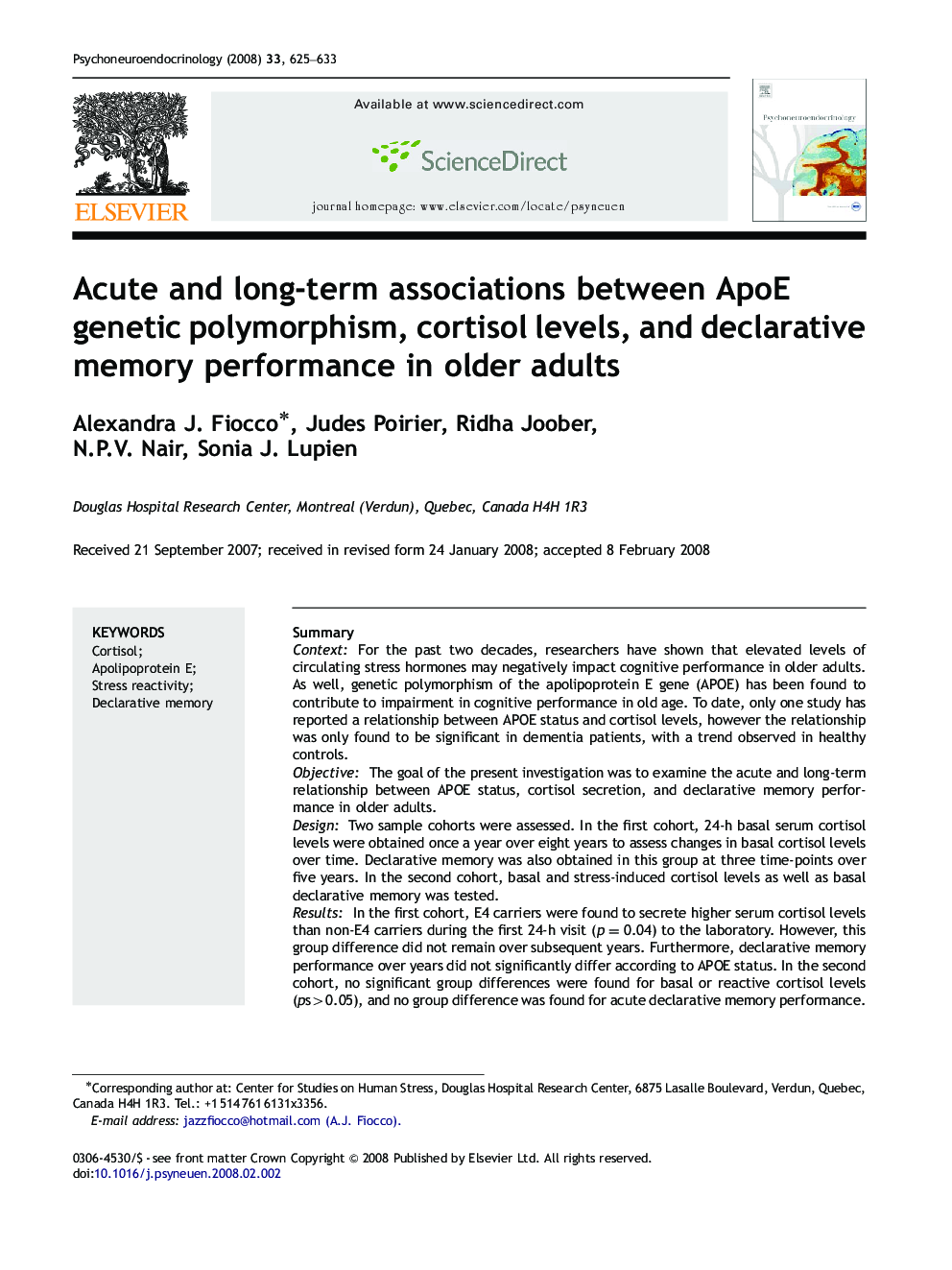 Acute and long-term associations between ApoE genetic polymorphism, cortisol levels, and declarative memory performance in older adults